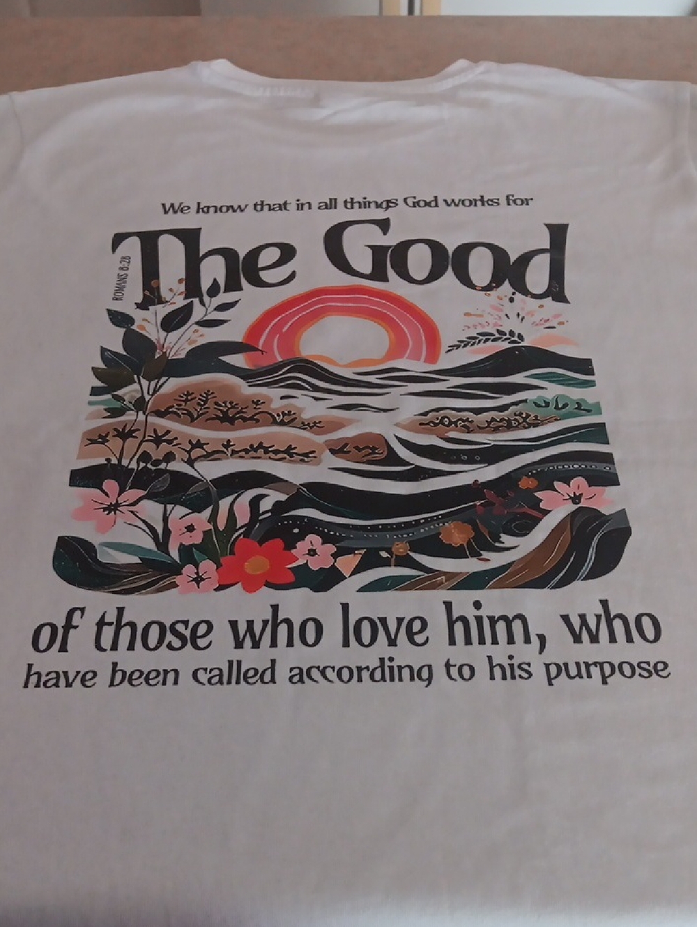 White Short Sleeve Tee with Colorful Sunset Floral Graphic